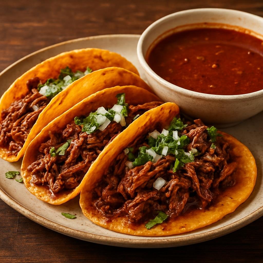Entree: Mexico – Jalisco – Tacos de Birria (Stewed spiced beef shredded and served in corn tortillas with a rich seasoned consommé for dipping) recipe