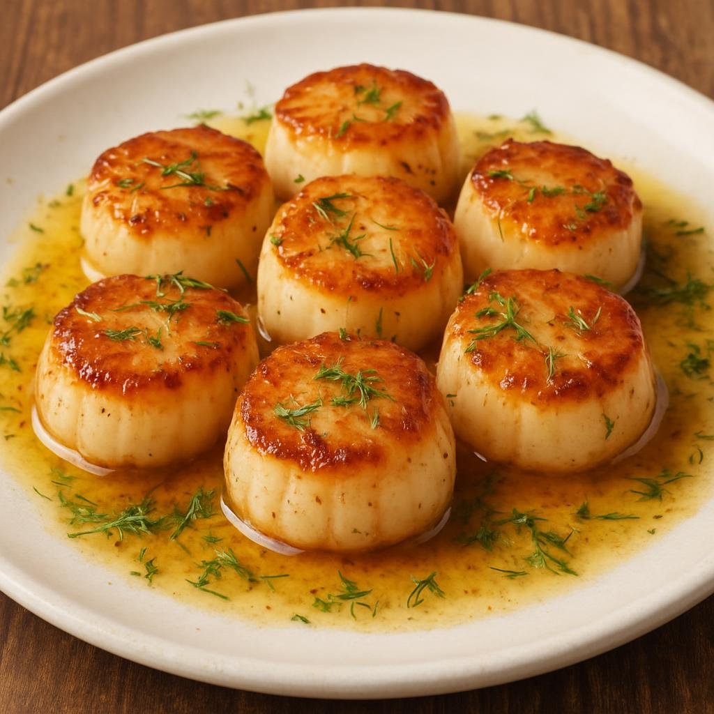 Entree: Russia – Far East Russia – Курильские гребешки ➤ Kuril'skiye grebeshki (Pan-seared sea scallops from the Kuril Islands, served simply with browned butter and dill) recipe