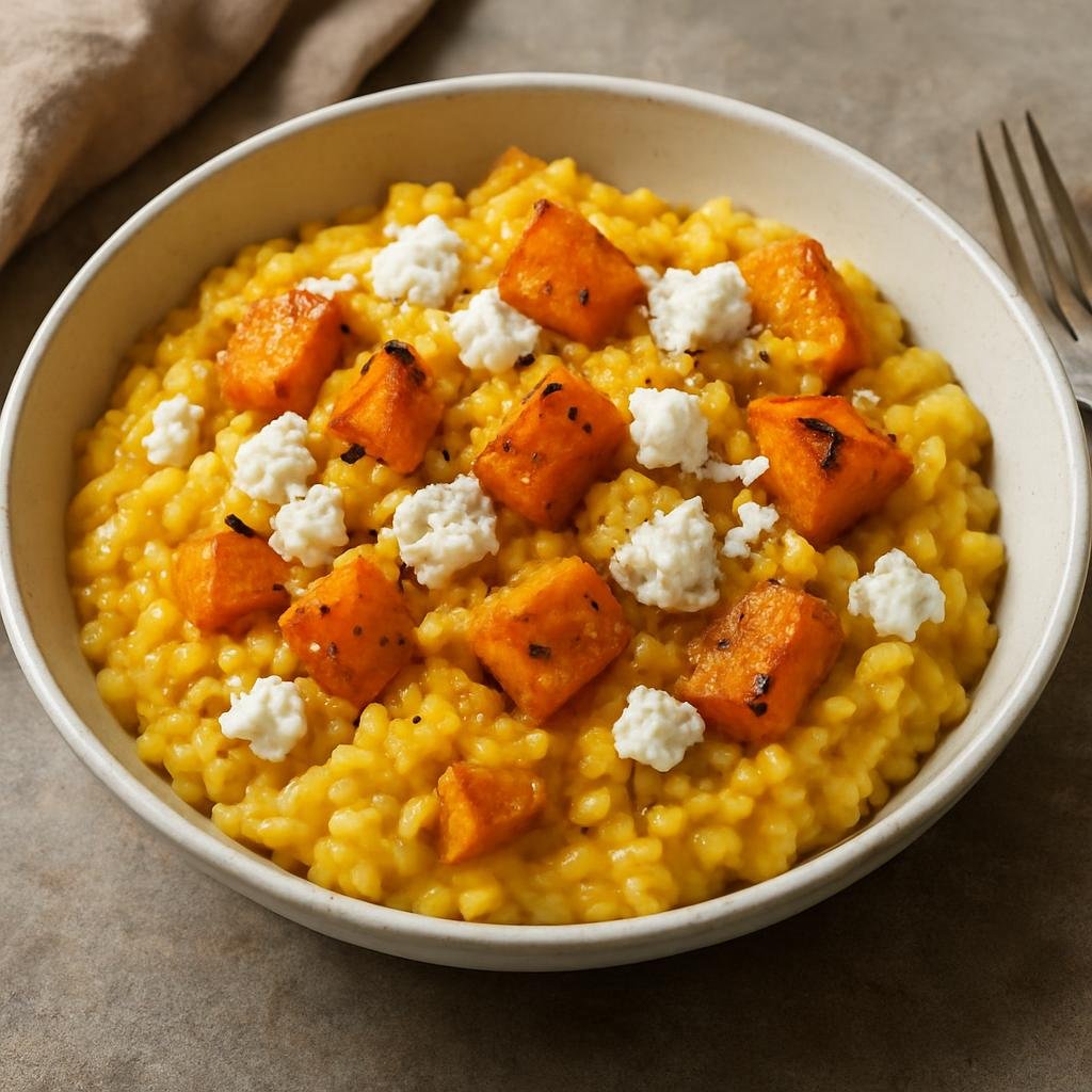 Entree: Australia – Sydney & New South Wales – Pumpkin and Feta Risotto (Creamy risotto made with roasted pumpkin and crumbled feta cheese) recipe