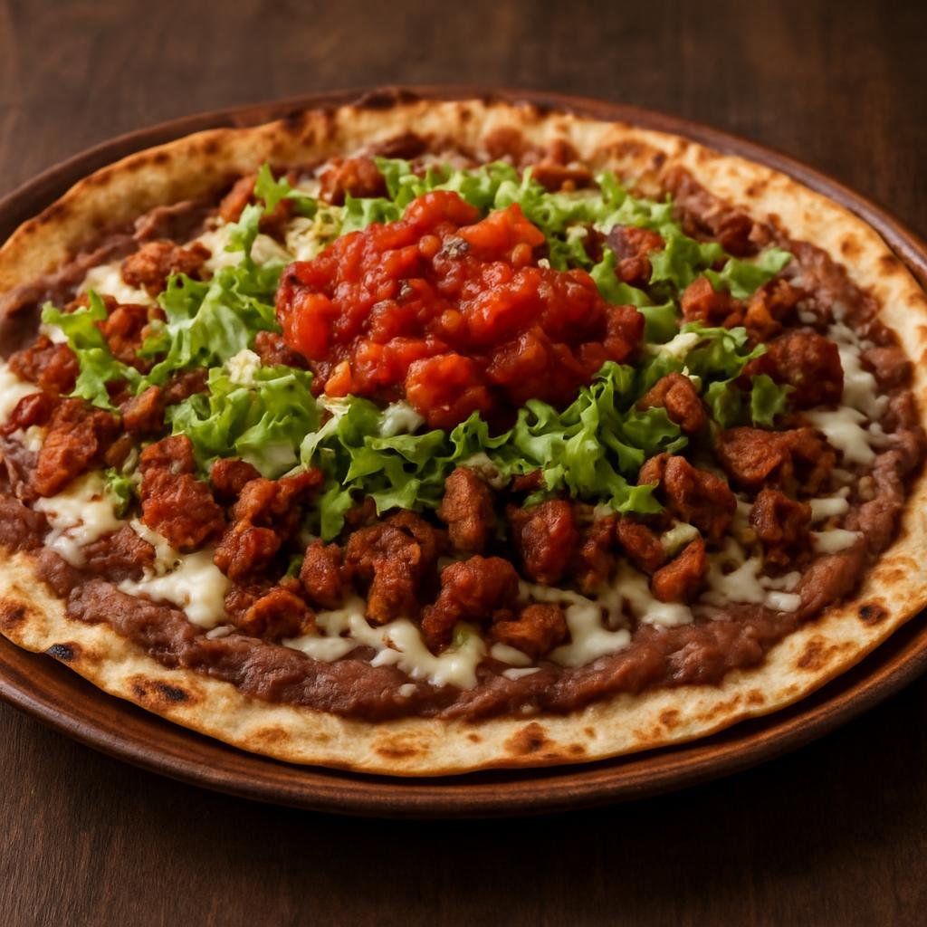 Entree: Mexico – Mexican Street Food Classics – Tlayudas (Large toasted Oaxacan-style tortilla topped with refried beans, cheese, greens, meat, and salsa) recipe