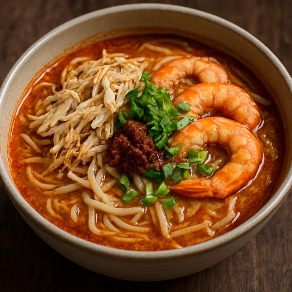 Entree: Malaysia – Sarawak – Sarawak Laksa (Spicy coconut-tamarind noodle soup with shredded chicken, prawns, and aromatic laksa paste) recipe