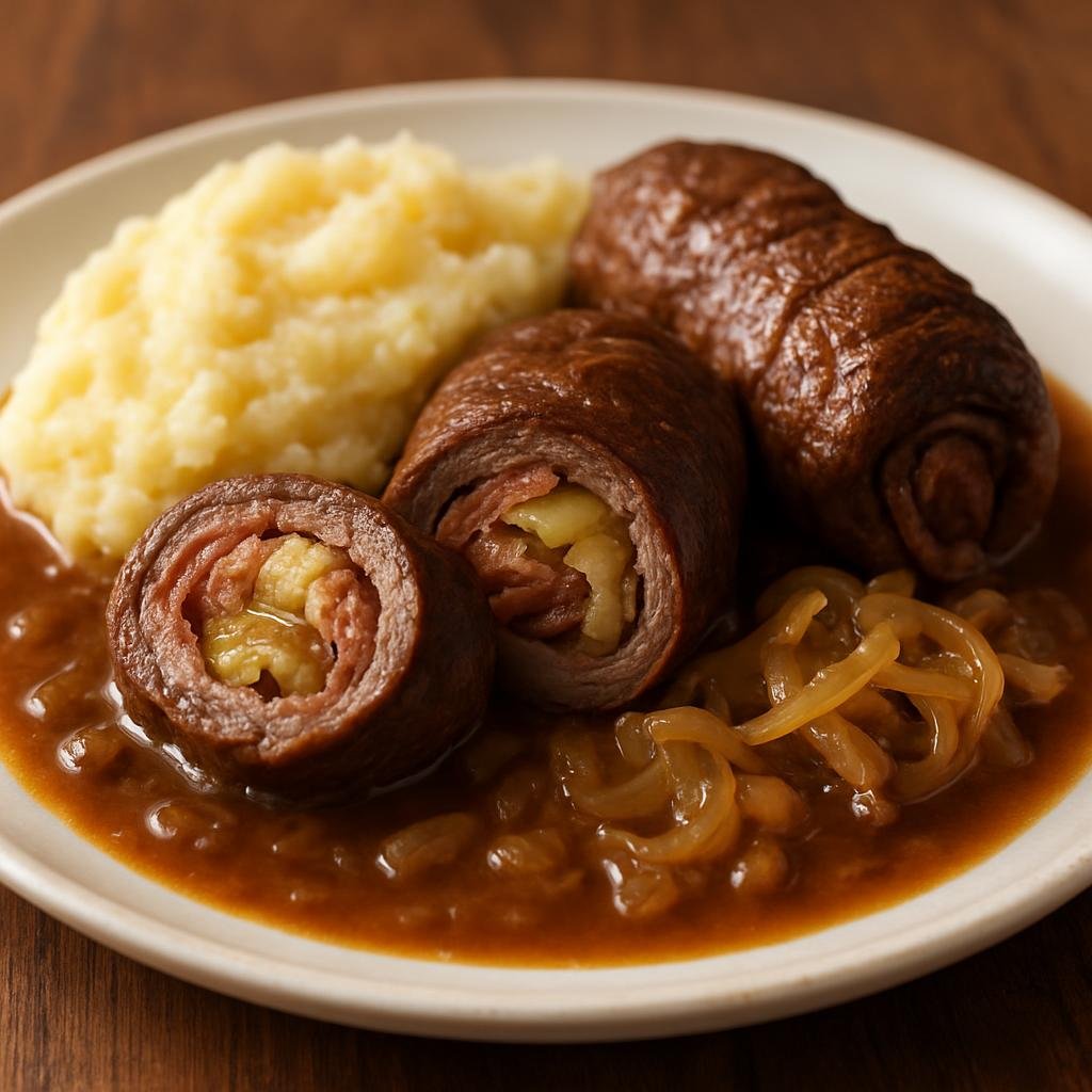 Entree: Poland – Silesia – Silesian Rolada (Silesian beef roulade filled with bacon, pickles, and mustard braised in onion gravy) recipe