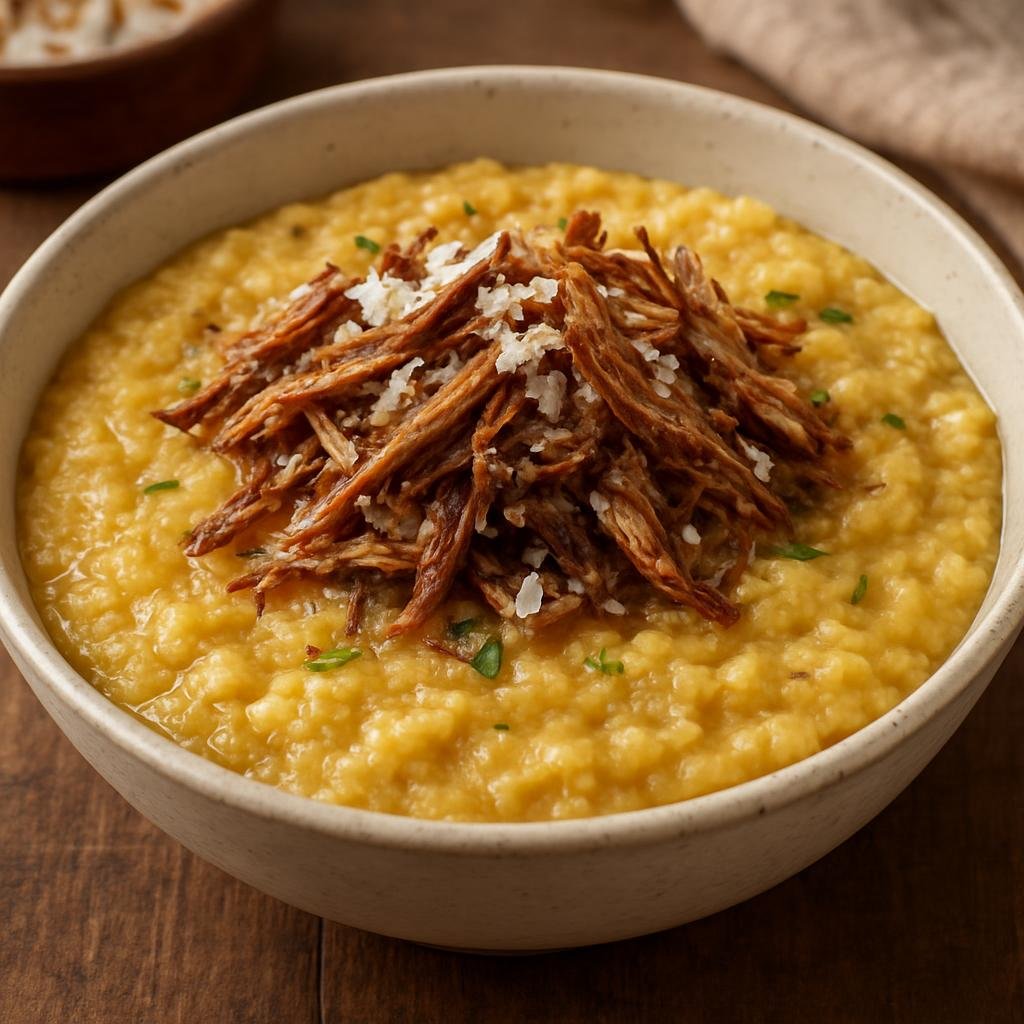 Entree: Indonesia – Flores & Timor – Kolo (Hearty savory cornmeal porridge with shredded smoked fish and coconut typical of Flores and Timor) recipe