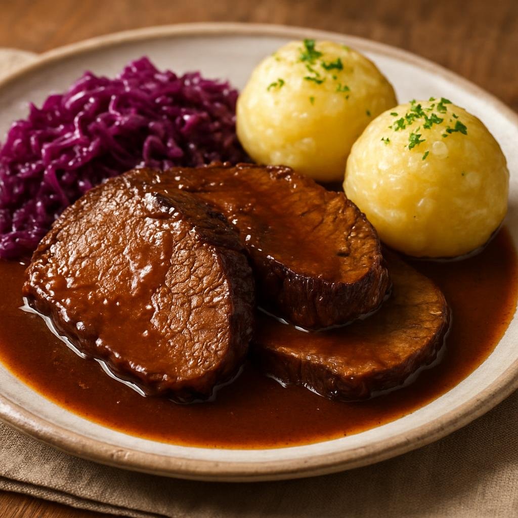 Entree: Germany – Rhineland – Rheinischer Sauerbraten (Marinated pot roast braised in a characteristic sweet-sour spiced sauce typical of the Rhineland) recipe