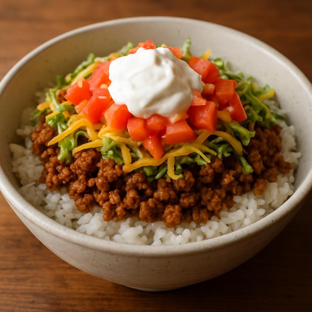 Entree: Japan – Okinawa – タコライス ➤ Tako Raisu (Okinawan bowl of seasoned ground beef and taco-style toppings served over steamed rice) recipe