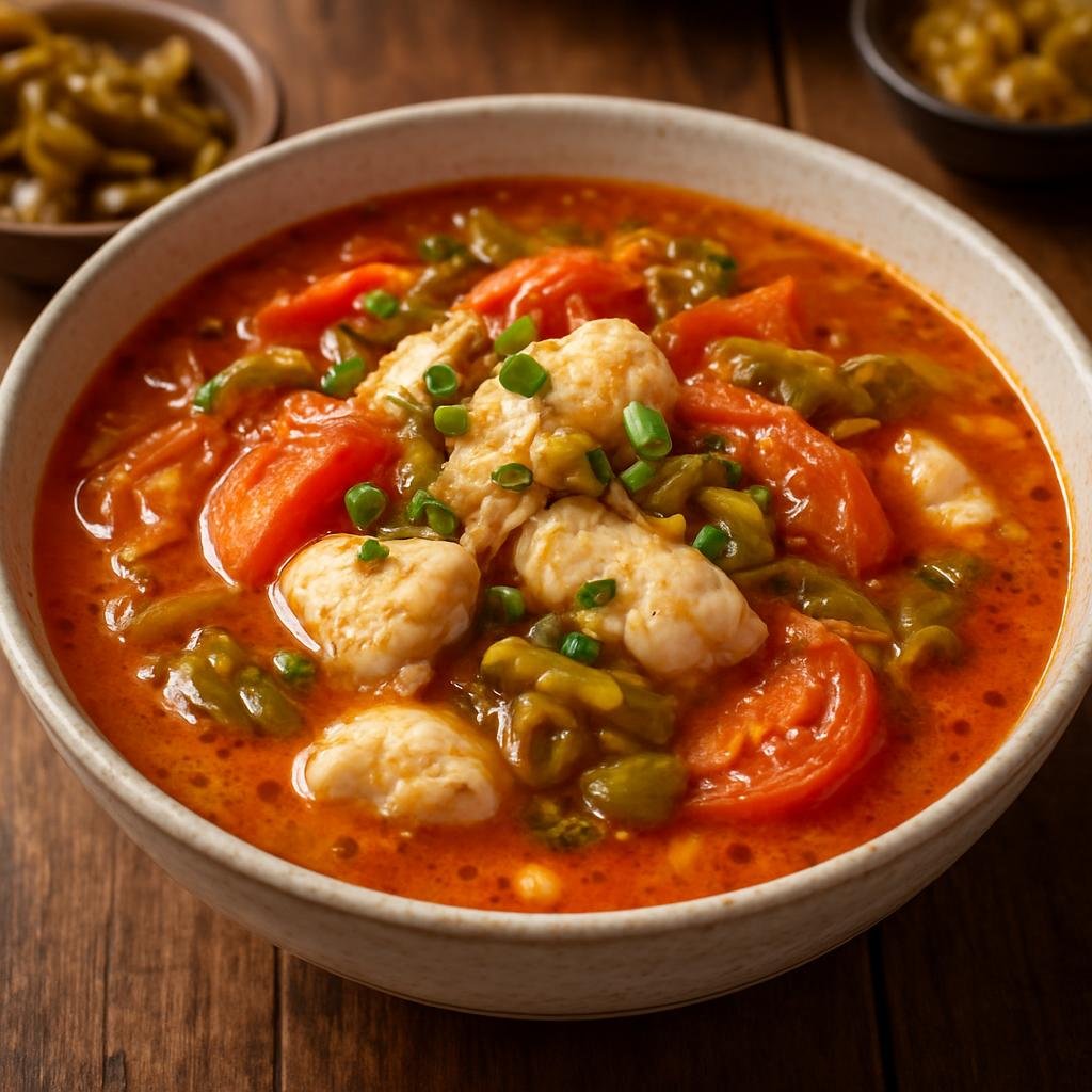 Entree: China – Guizhou – 苗族酸汤鱼 ➤ Miao Zu Suan Tang Yu (Miao-style tangy sour fish soup made with a fermented sour broth, tomatoes, pickled chiles, and poached freshwater fish) recipe