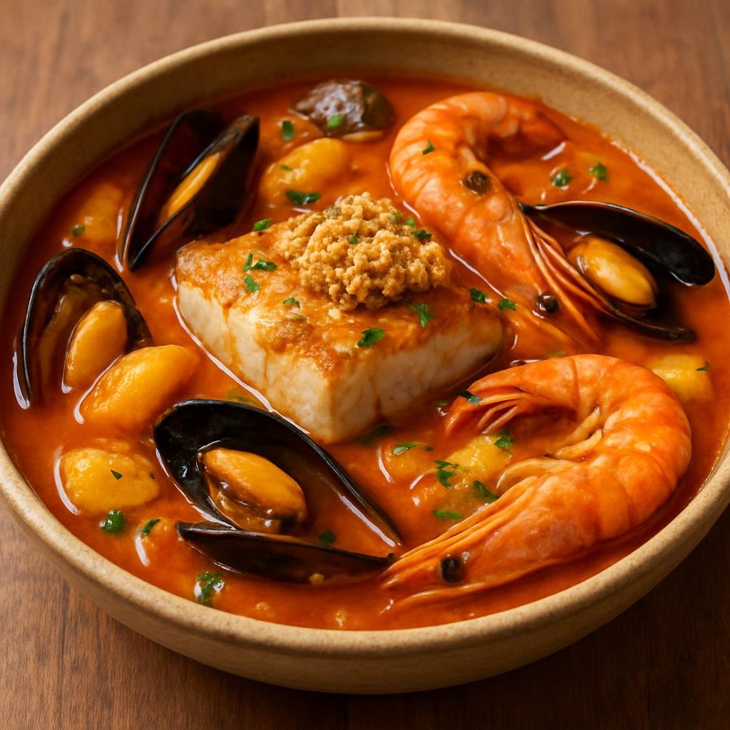 Entree: Spain – Catalonia – Suquet de Peix (Catalan fisherman's fish stew of firm white fish, shellfish, potatoes and a saffron-tomato broth finished with a garlic-almond picada) recipe
