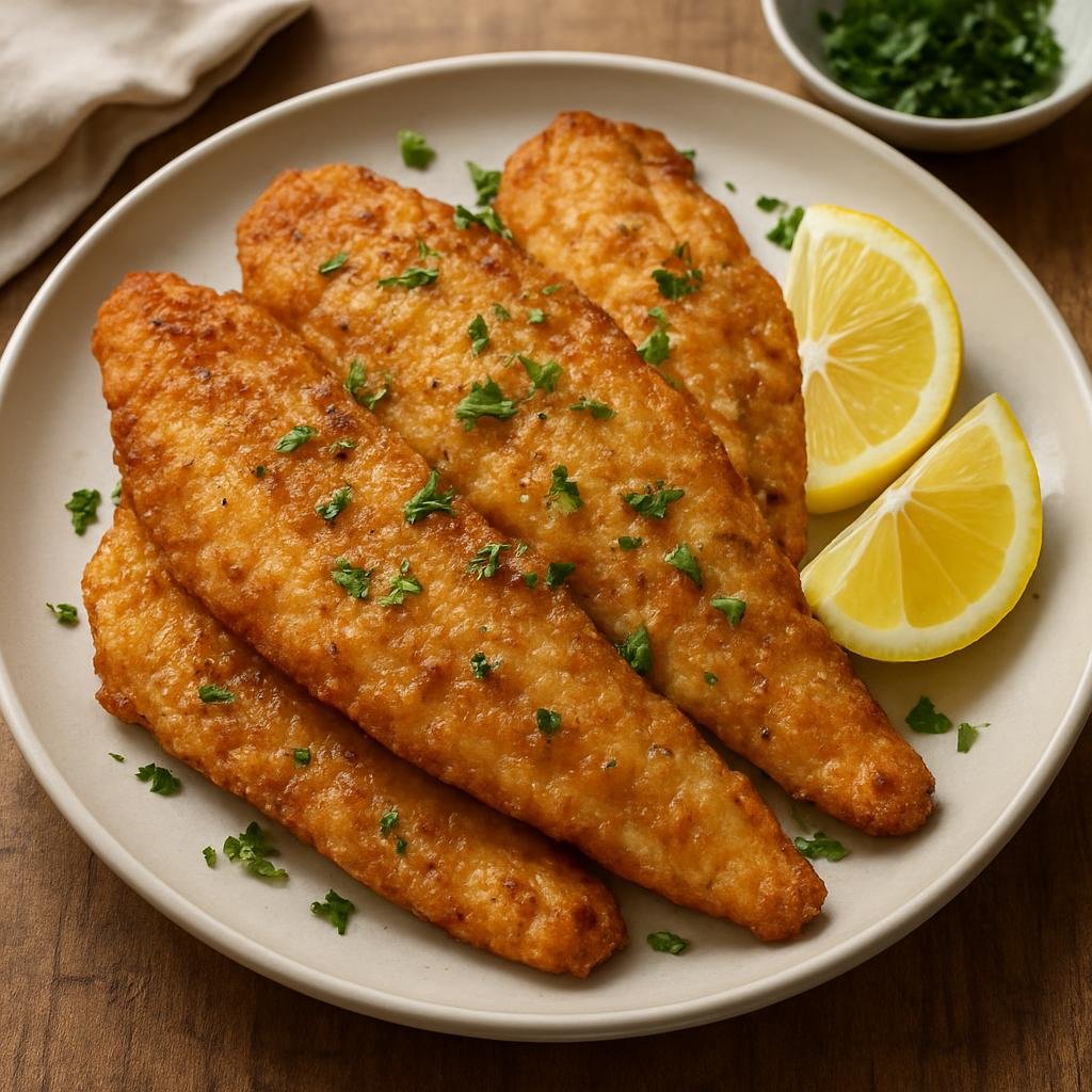Entree: Canada – Ontario – Ontario Pickerel (Pan-fried freshwater walleye fillets seasoned, lightly battered and finished with lemon and parsley) recipe